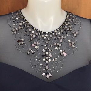 Formal dress gown, beaded, steely blue.